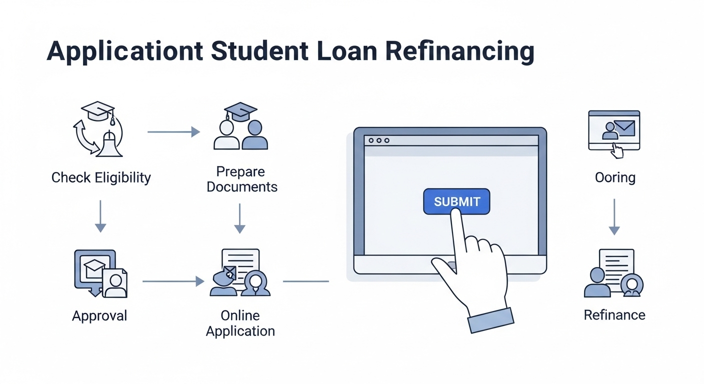 정부 지원 학자금 대환대출의 간편한 온라인 신청 과정을 단계별로 보여주는 인포그래픽, 서류 준비부터 최종 상환까지의 흐름