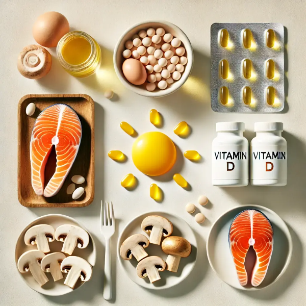 연어, 달걀, 버섯 등과 비타민D 보충제가 배열된 스튜디오 이미지