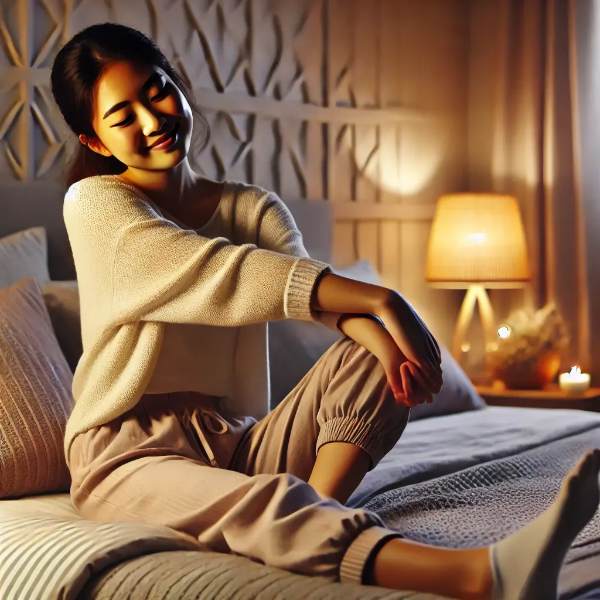 밤에 침대 위에서 다리를 부드럽게 스트레칭하며 편안한 미소를 짓는 동양인 젊은 여성의 초고해상도 사진