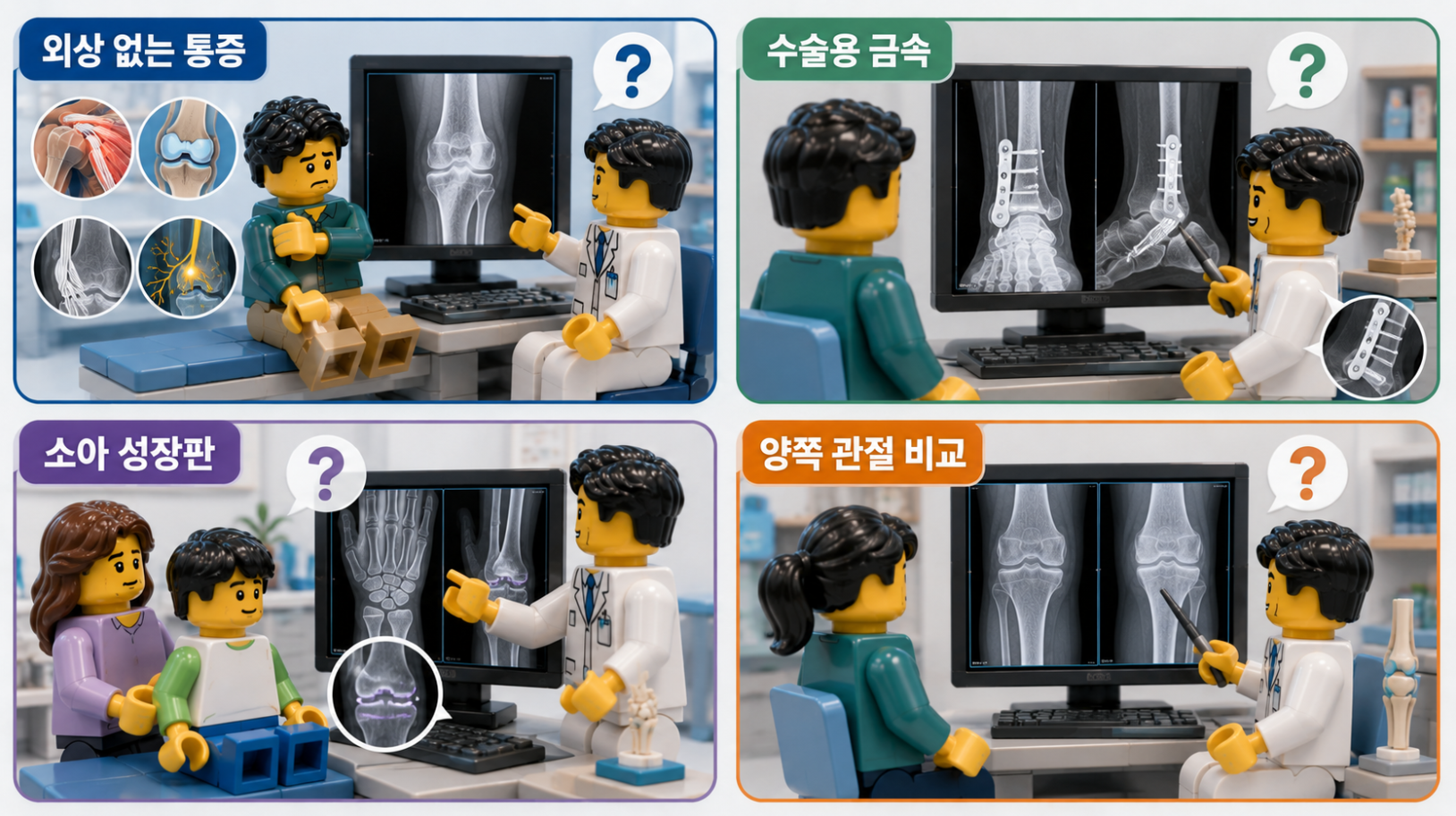 정상 X-ray 결과를 다시 읽는 4단계와 촬영 범위, 판독 문구, 촬영 조건, 추가 정보를 정리한 의료 인포그래픽