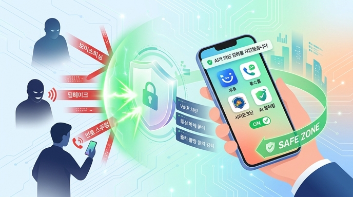 보이스피싱 최신 수법인 딥페이크, 스미싱, VoIP 공격이 보안 앱이 설치된 스마트폰 화면의 AI 방어 쉴드에 의해 차단되고 있는 현대적인 디지털 일러스트레이션.