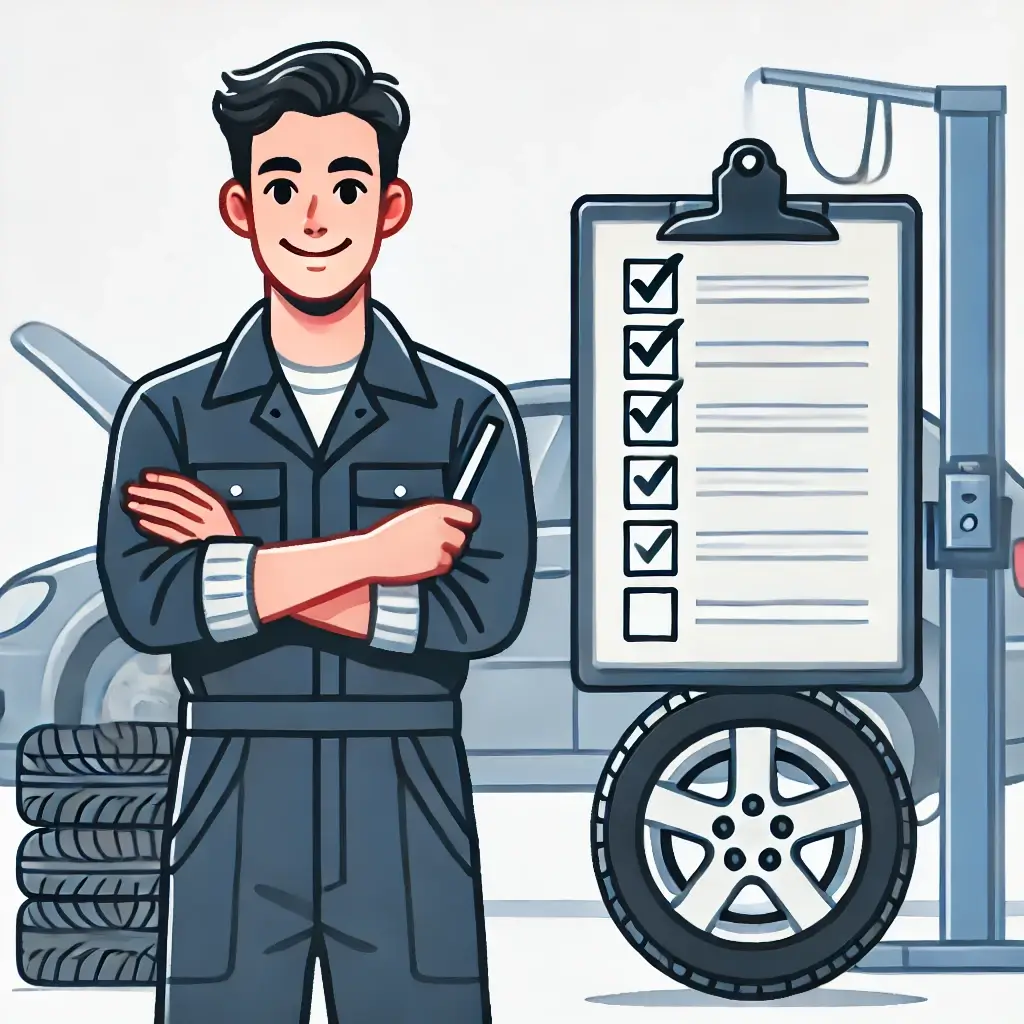 타이어 체크리스트를 들고 있는 정비사의 모습.