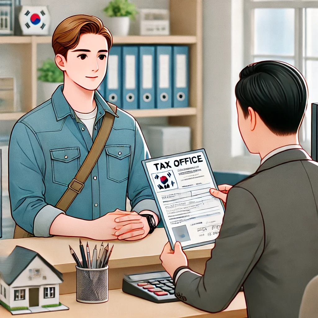 세무서에서 신분증과 서류를 제출하며 원천징수영수증을 발급받는 모습