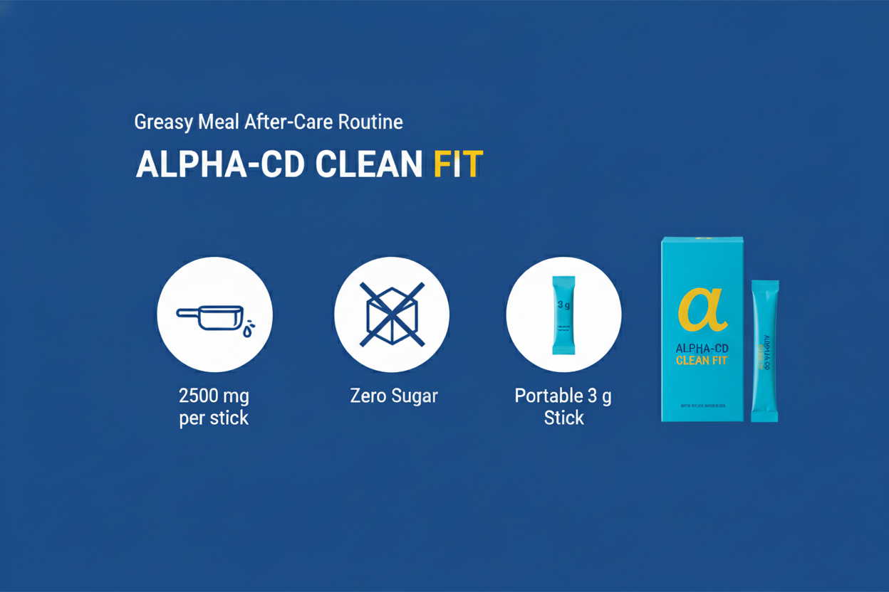 알파시클로덱스트린 2500mg, 제로슈가, 휴대 간편 스틱형 등의 장점을 아이콘으로 정리한 알파CD 클린 핏 요약 인포그래픽 이미지