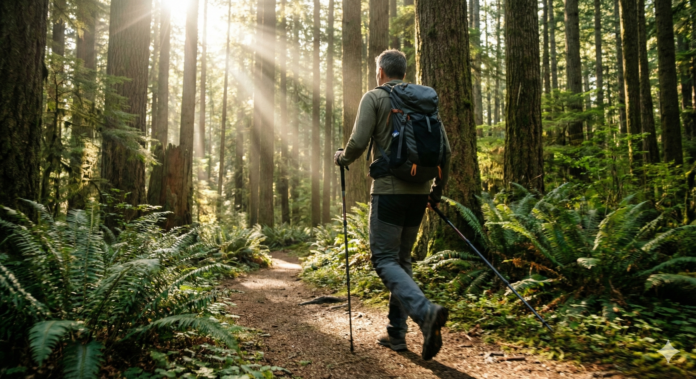 숲길을 힘차게 걷고 있는 중년 남성의 뒷모습, 건강하고 활기찬 에너지.