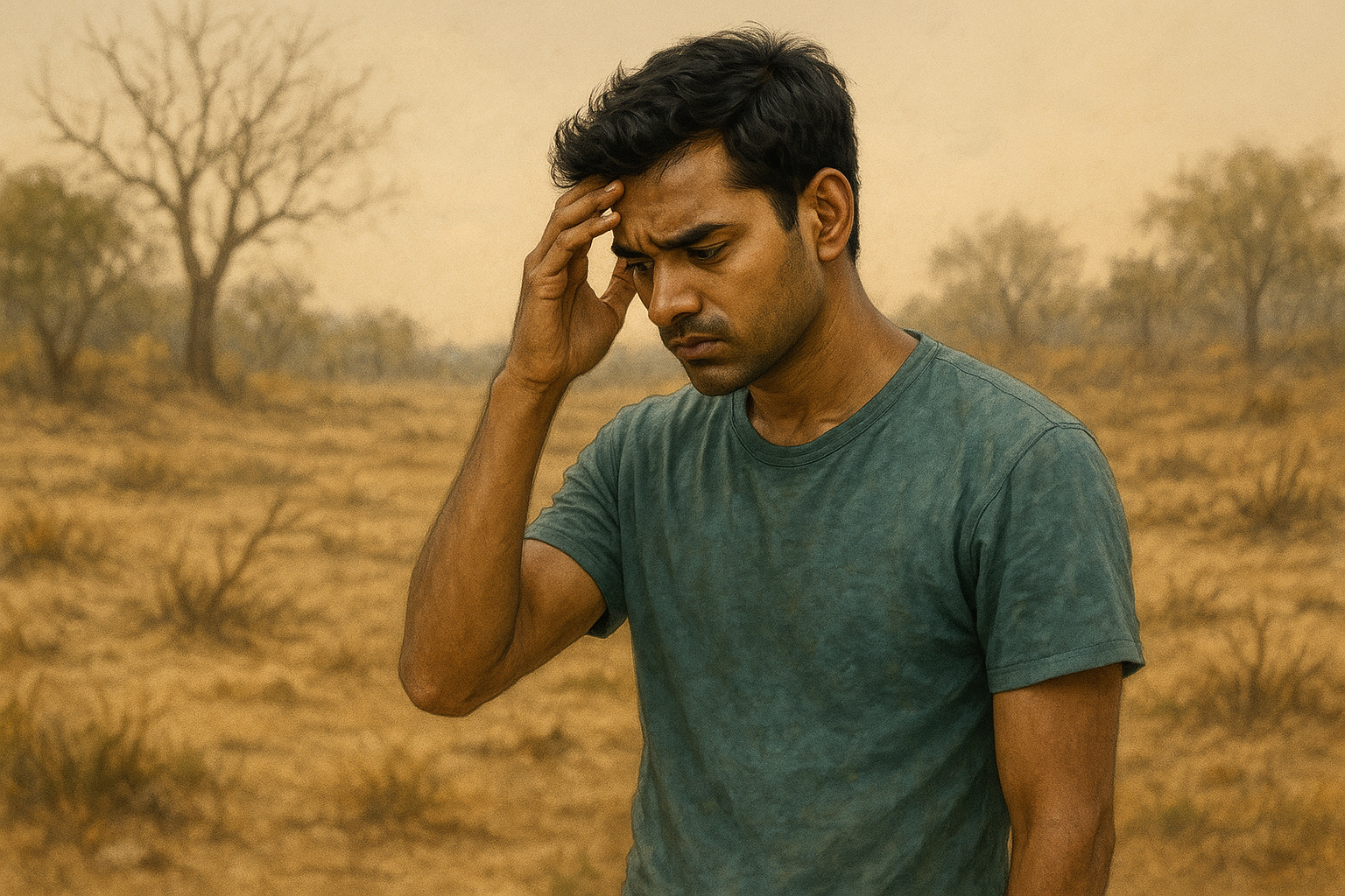 황폐한 자연을 보고 슬퍼하는 청년