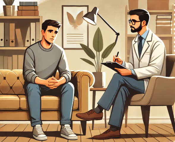 공황장애 자가극복을 위해 의사와 상담하는 남자의 모습
