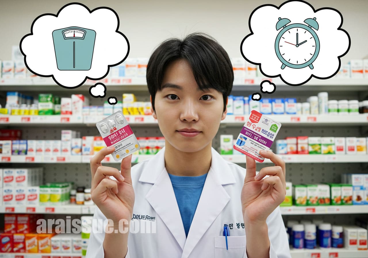 한국인이 약국에서 다이어트 약 두 가지를 들고, 체중계와 알람시계를 떠올리며 고민하는 장면. 배경은 약국 내부.