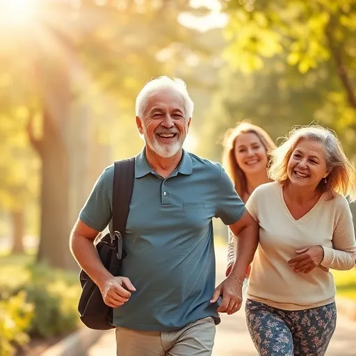 치료를 성공적으로 마친 환자가 건강하고 활기찬 모습으로 일상생활(산책, 가족과의 시간 등)을 즐기는 모습을 따뜻하고 밝은 톤으로 그립니다. 햇살이 비추는 배경에서 희망찬 분위기를 연출합니다.