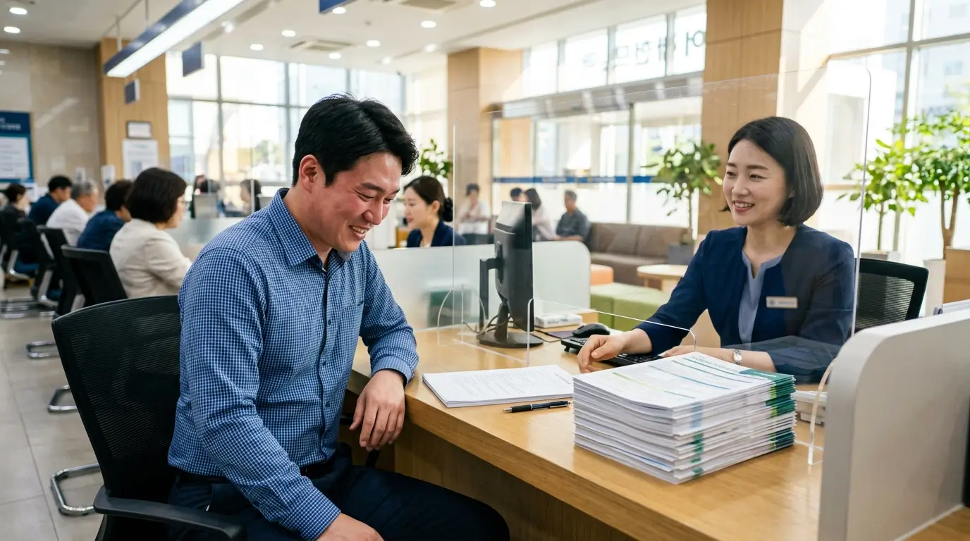 한국의 은행 창구에서 30대 남성 대출자가 대출 승인 서류와 함께 내밀어진 두꺼운 보험 청약서 뭉치를 보며 심하게 당황하고 난감해하는 일상적인 풍경