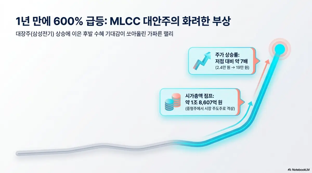 삼화콘덴서 주가가 1년 만에 저점 대비 약 7배 급등한 흐름을 보여주는 인포그래픽. 시가총액 약 1조 8,607억 원으로 중형주에서 시장 주도주로 격상됐으며, MLCC 대안주로 부각된 삼화콘덴서 주가 전망의 상승 배경을 시각적으로 설명함