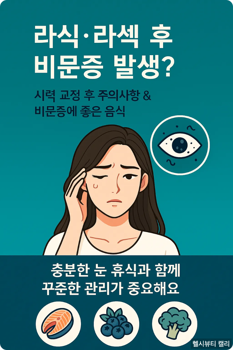 라식·라섹 수술 후 비문증 증상과 시력 회복 주의사항을 다룬 한국어 인포그래픽