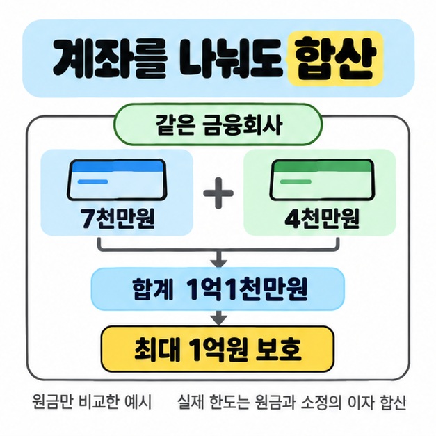 같은 금융회사의 두 계좌에 있는 7천만원과 4천만원을 합쳐 1억1천만원으로 계산하고 최대 1억원 보호 및 원금과 소정의 이자 합산 기준을 안내한 도식