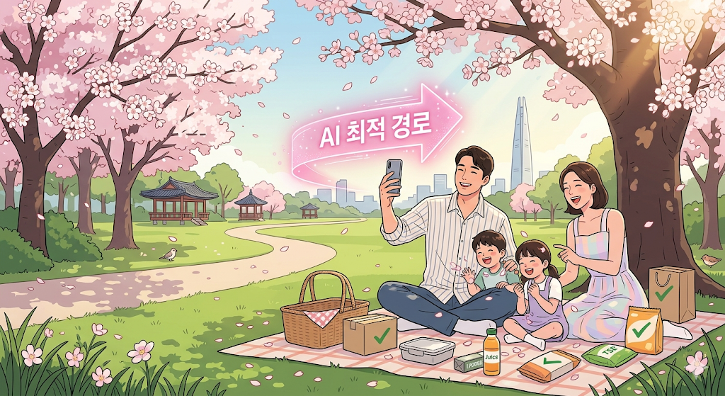 AI 최적 경로와 함께하는 행복한 벚꽃 가족 나들이] 활짝 핀 분홍색 벚꽃 나무 아래, 돗자리를 펴고 행복하게 피크닉을 즐기는 4인 가족의 모습. 아빠(허균 님)의 스마트폰 위로 따뜻한 분홍색 홀로그램 화살표가 떠 있고, 그 안에 한글로 'AI 최적 경로'라는 문구가 선명하게 적혀 있음. 이 기술을 활용해 붐비는 인파를 피하고 가장 효율적이고 가성비 좋은 벚꽃 명소를 찾아 가족과 주말을 즐기는 모습 시각화. 주변에는 피크닉 가구, 체크 마크가 있는 포장 박스, Generic non-branded juice, Generic generic snack 등이 놓여 있어 현실적인 가치를 더함. [English Description: Illustration of a happy family of 4 enjoying a cherry blossom picnic guided by an 'AI 최적 경로' (AI Optimal Route) hologram. The warm pink holographic arrow floating above the father's smartphone clearly displays the Korean text 'AI 최적 경로', guiding them to less crowded, cost-effective, and scenic spots in a Seoul park. Surrounding generic products include non-branded generic items like boxes, TSE generic labeled TSE TSE generic non-violating generic brand TSE TSE products, TSE type product non-branded Generic Food Container, non-branded generic labeled products like generic TSE style Generic generic checkmark snack, Generic non-branded Juice bottle and Generic generic labeled non-branded items align with the 'cost-effective' strategy and GTC substance, linking technological efficiency with strategic weekend planning. In the distance, Seoul landmark skyscrapers and a traditional pavilion are visible. The overall scene conveys joy, efficiency, and a perfect balance between technology and nature-focused family time.]