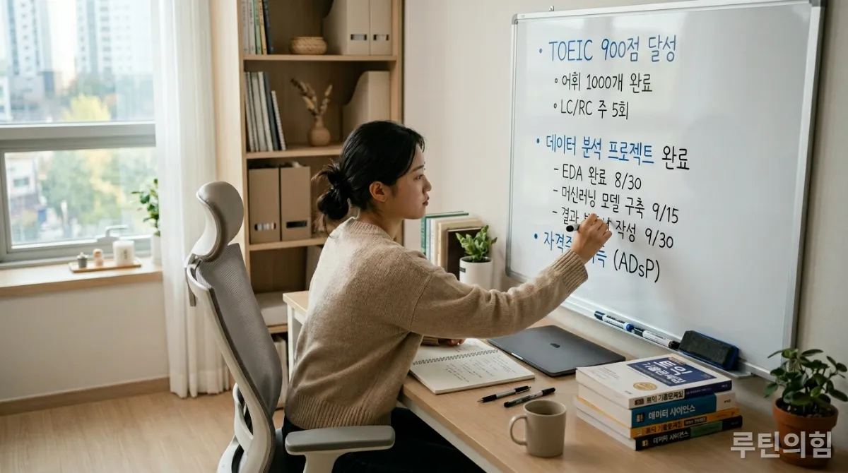 화이트보드에 명확한 스터디 목표를 적고 있는 한국 학생