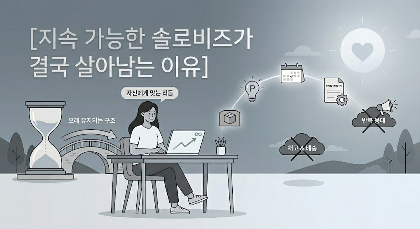 1인 사업가가 모래시계와 자신만의 리듬 시스템을 통해 재고, 배송, 반복 응대 없이 지속 가능한 구조로 오래 일하는 모습을 묘사한 심플한 모노톤 일러스트입니다.