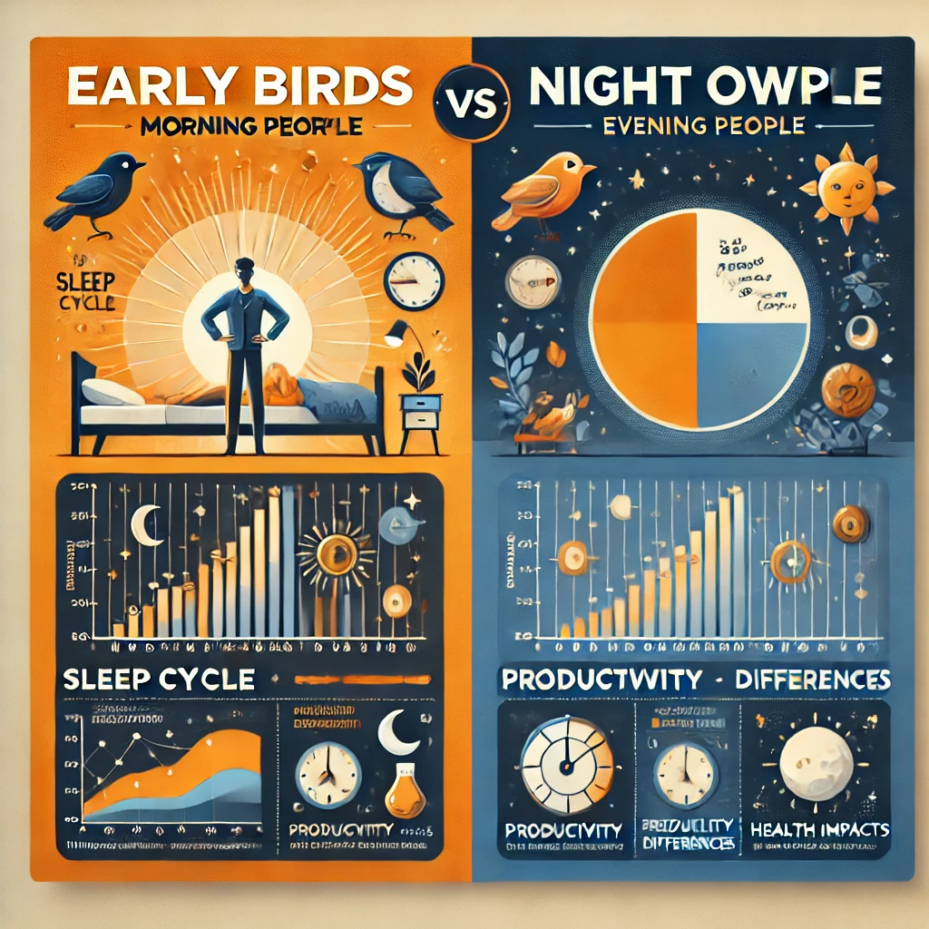 아침형 인간과 저녁형 인간의 수면 패턴을 비교하는 인포그래픽