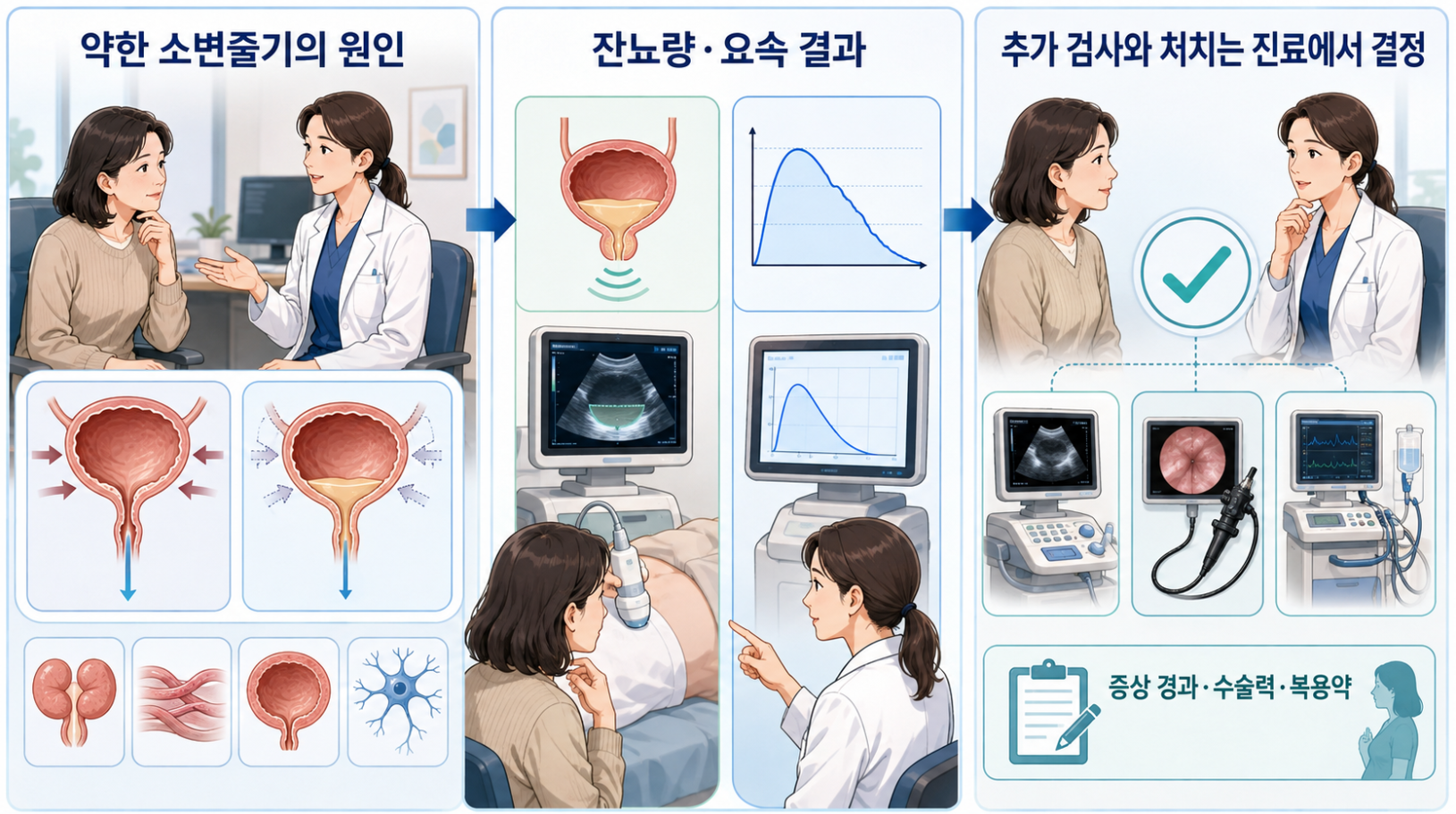 약한 소변줄기의 원인을 확인하는 잔뇨량&middot;요속 결과와 추가 검사&middot;처치 결정
