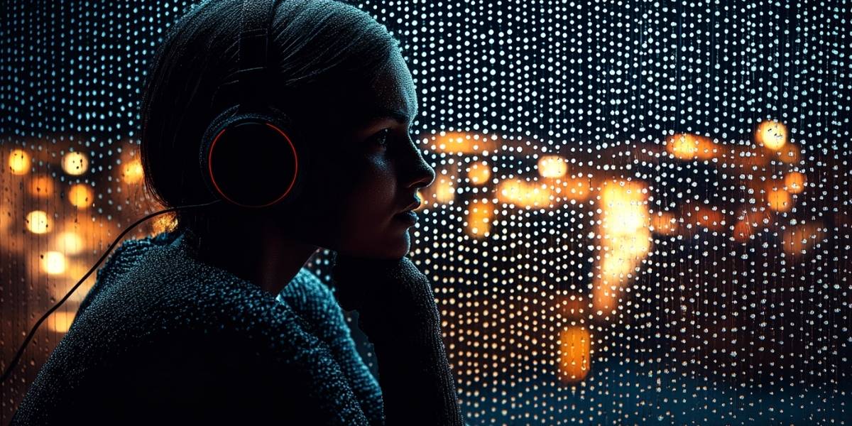 A person sitting by a window on a rainy day, wearing headphones, lost in thought, raindrops on the glass reflecting city lights, cozy and melancholic atmosphere, soft warm lighting, ultra-realistic cinematic portrait
