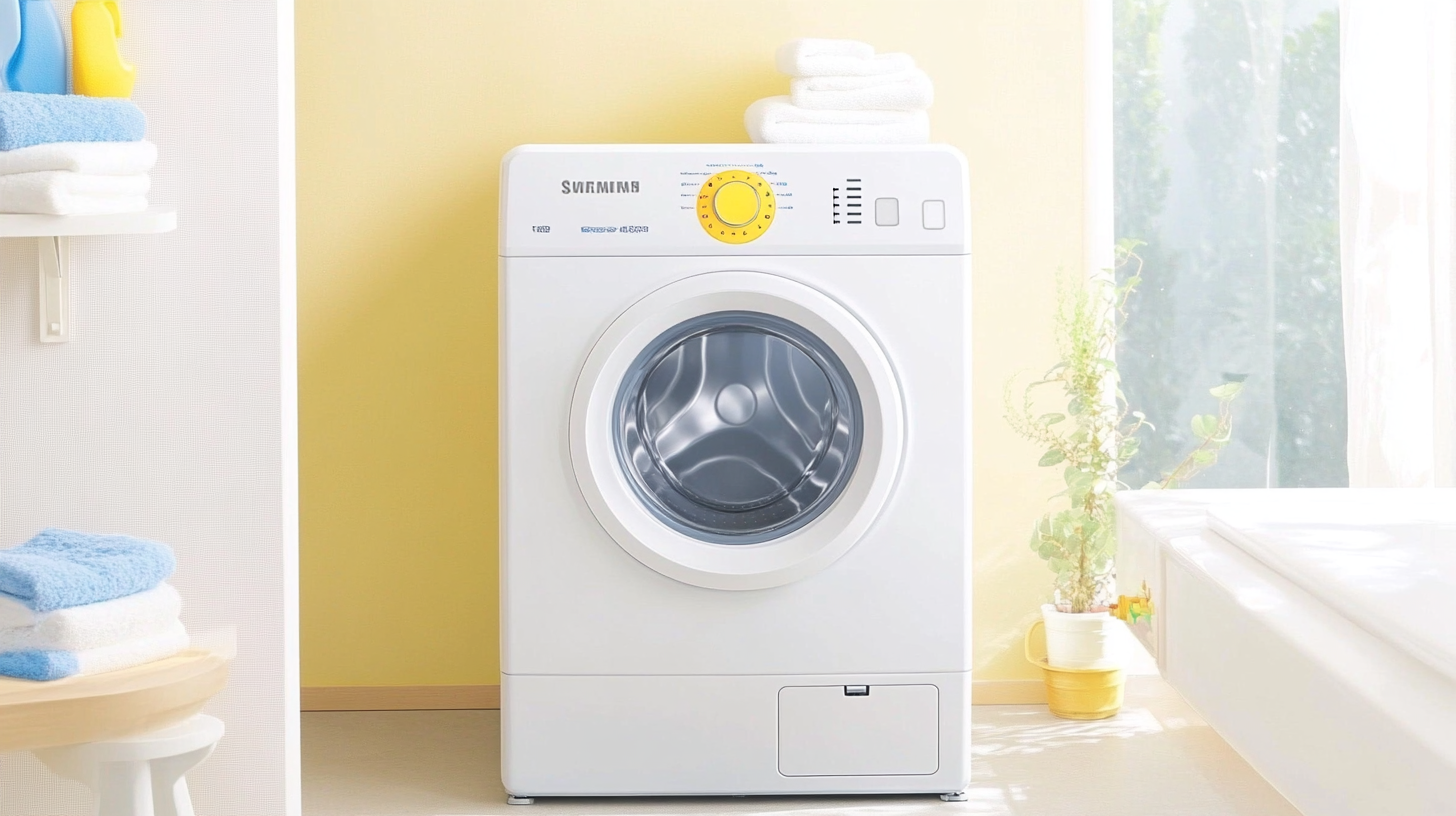 밝은 조명의 미니멀리즘 세탁실에 놓인 세련되고 현대적인 디자인의 삼성 WF25CB8650BW 세탁기 이미지