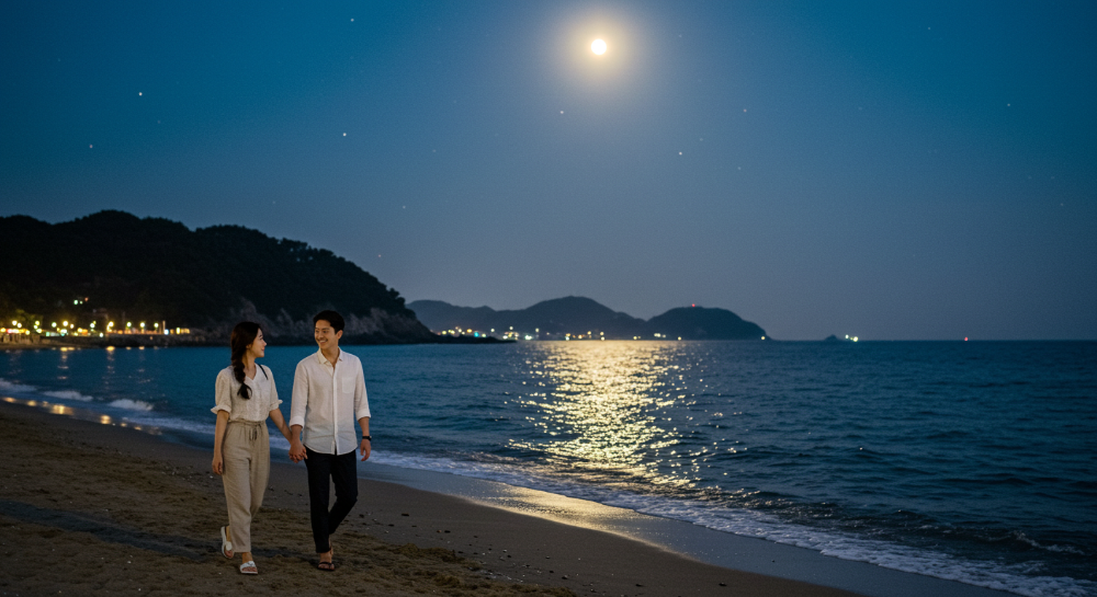 함덕 해변에서 달빛 아래 밤바다를 즐기는 한국인 커플