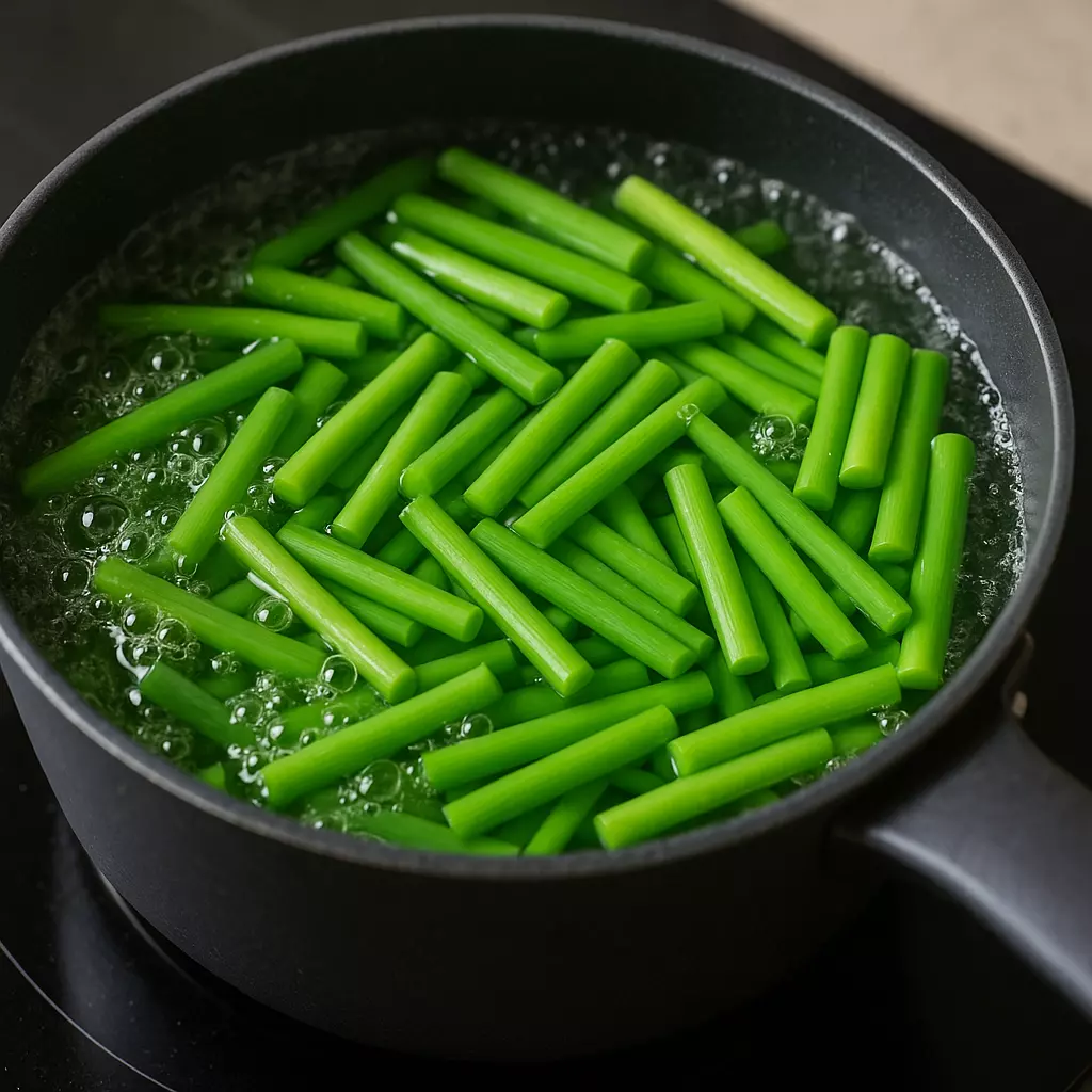 신선한 마늘쫑을 소금물에 데치는 과정｜아삭한 식감 살리는 마늘쫑 손질법, 건강한 밑반찬 준비하는 꿀팁