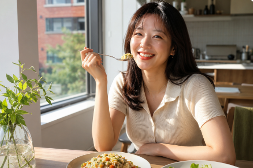 포크로 올리브유에 노릇하게 구워진 콜리플라워 한 점을 집어 맛있게 섭취하려는 상큼하고 건강한 웰빙 라이프스타일
