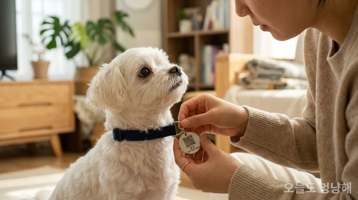 한국 여성의 손이 강아지 목줄에 QR 코드가 있는 인식표를 달아주는 모습