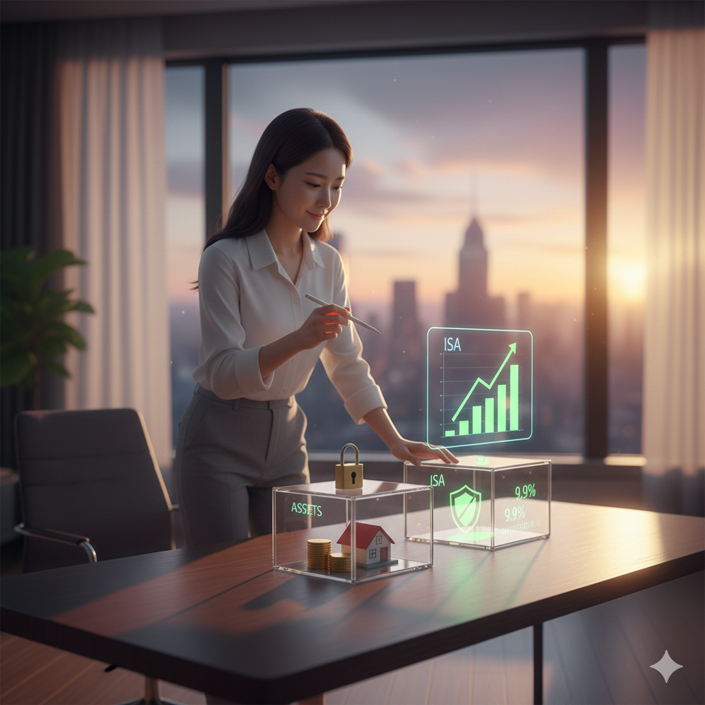 고층 사무실 책상에 서서 여성이 펜을 들고 투명한 유리 상자 형태의 ISA와 자산(ASSETS) 모형을 내려다보며 자산 운용을 구상하고 있어요. ISA가 자산을 보호하고 9.9% 분리과세 혜택을 제공하는 모습이 그래픽으로 표현되어 있으며, 배경에는 도시의 석양 풍경이 보여요.