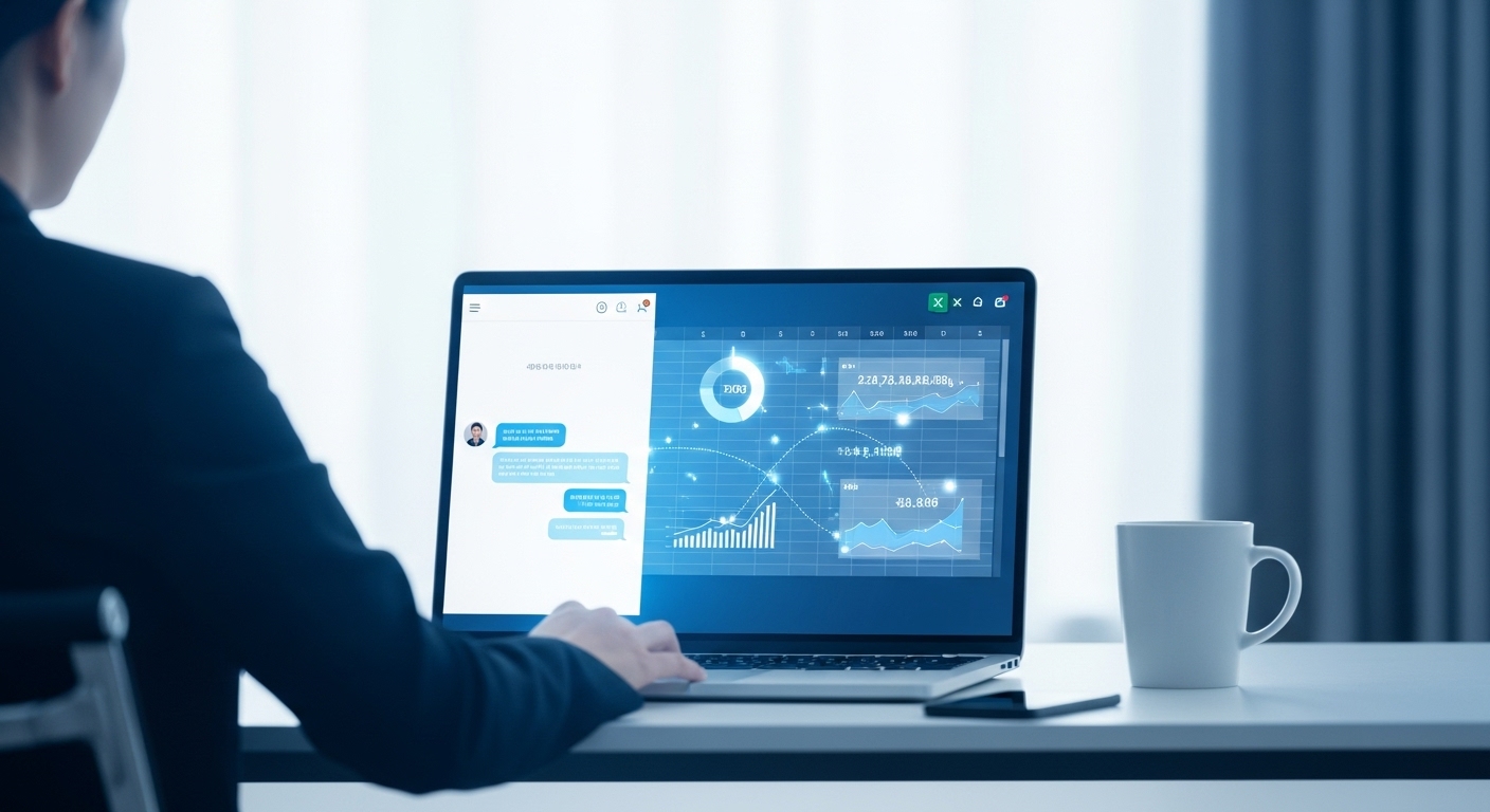 모던한 책상 위 노트북 화면에 챗봇 인터페이스와 엑셀 데이터 차트가 동시에 표시된 것을 보고 있는 전문적인 한국인 직장인의 모습.