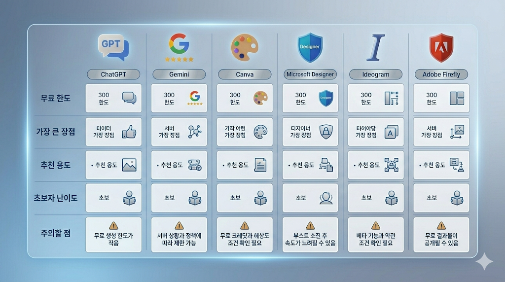 무료 AI 이미지 생성 도구 6가지 핵심 비교표