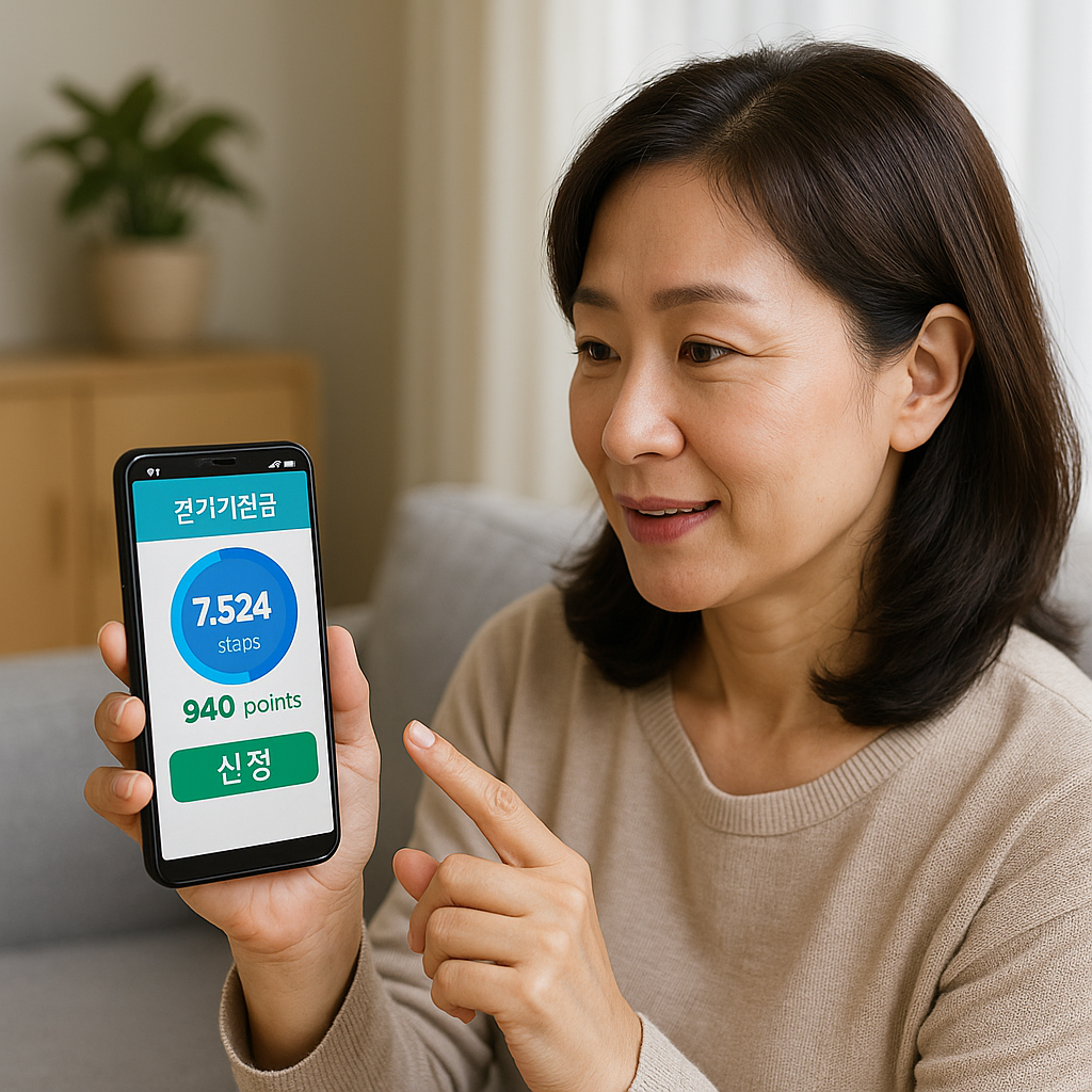 스마트폰 화면에 걷기지원금 앱이 실행되고 있으며, 사용자의 걸음 수와 적립 포인트가 표시된 모습