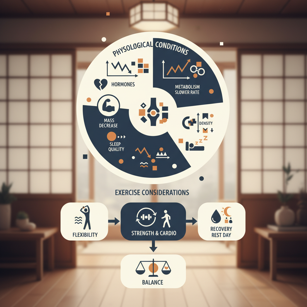 50代の生理学的条件と運動処方の注意点に関する統計・生理メカニズム・対策を示す政策リポート用インフォグラフィック