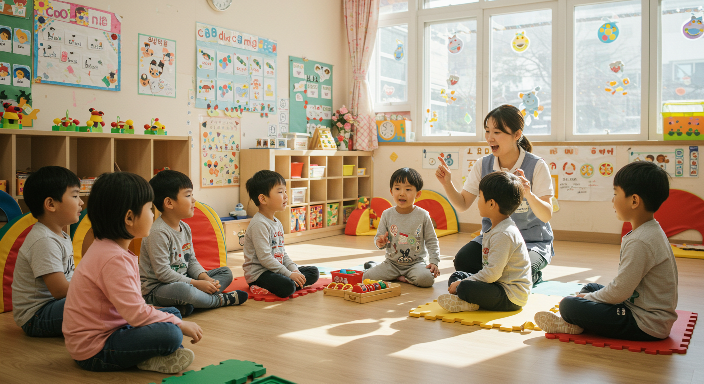 어린이집에서 선생님과 아이들이 수업하고있는모습