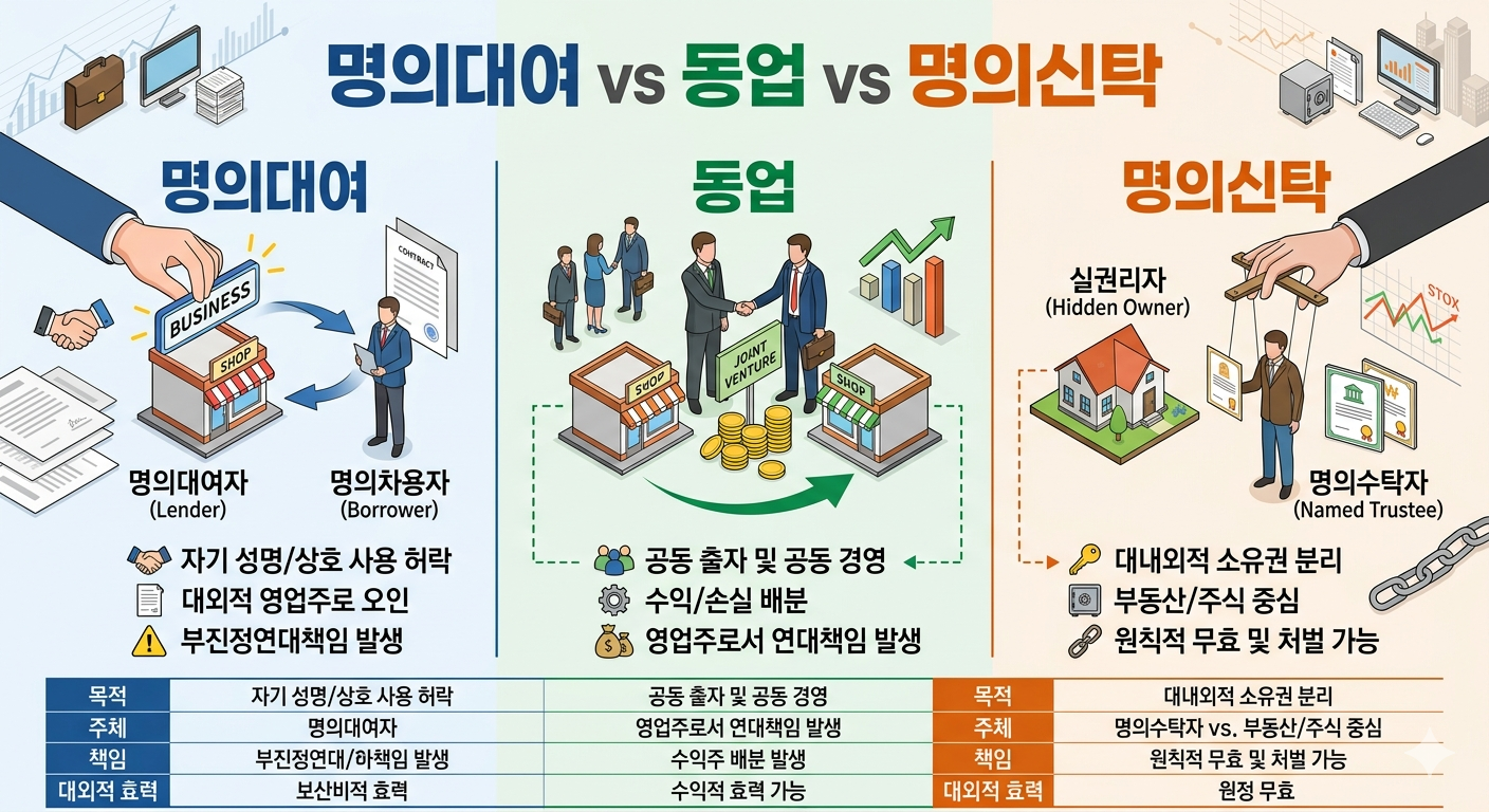 명의대여 vs 동업 vs 명의신탁, 바지 사장 되기 전 꼭 봐야 할 비교 가이드!!