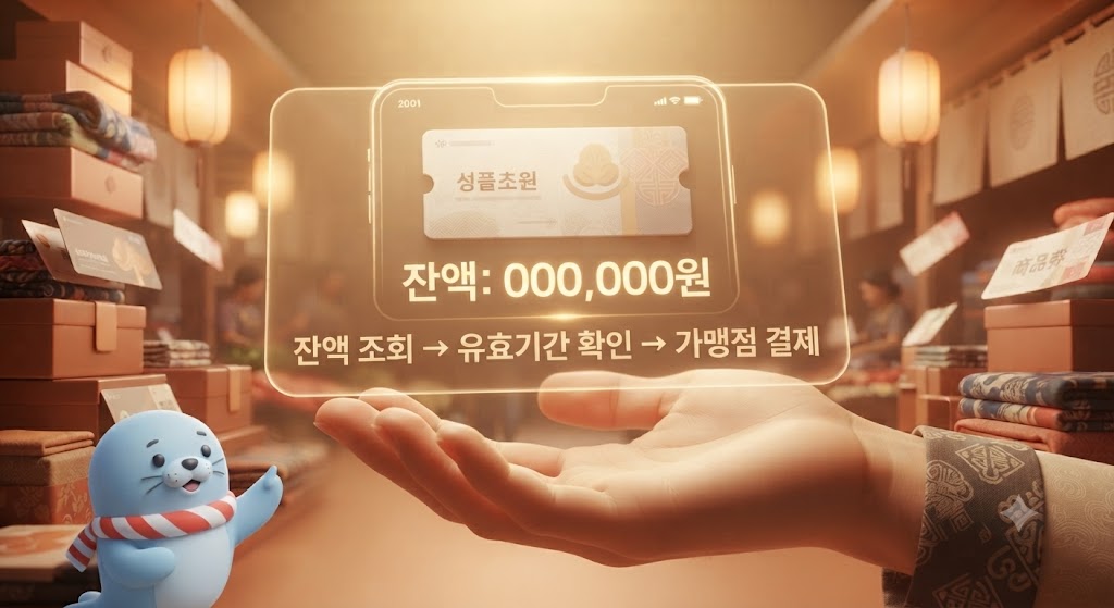 스마트폰 속 온누리상품권 잔액 화면과 잔액 조회·유효기간 확인·가맹점 결제 3단계 안내, 다랑이 캐릭터가 함께 있는 이미지
