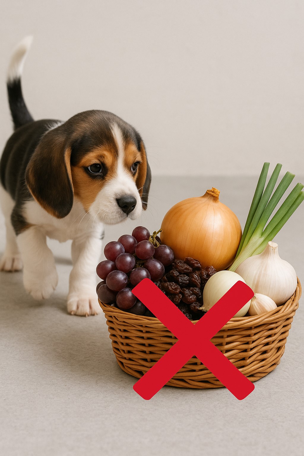포도,건포도,양파,대파가 든 바구니에 다가가는 비글