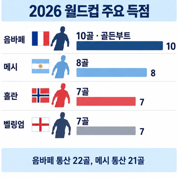 2026 월드컵 음바페 10골 메시 8골 홀란 7골 벨링엄 7골의 주요 득점 기록을 비교한 인포그래픽
