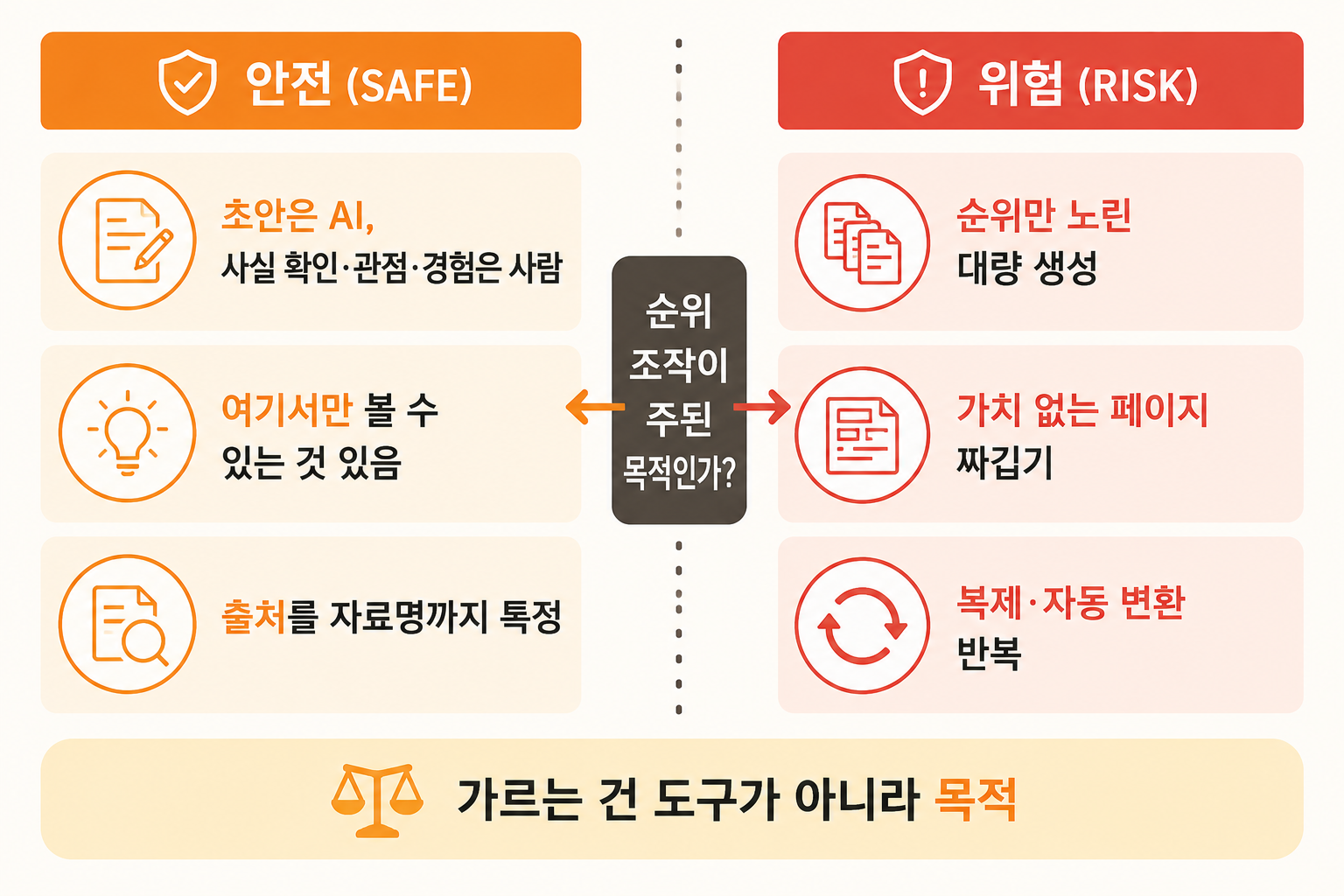 AI 글의 안전과 위험을 순위 조작 목적 여부로 가른 좌우 비교 인포그래픽
