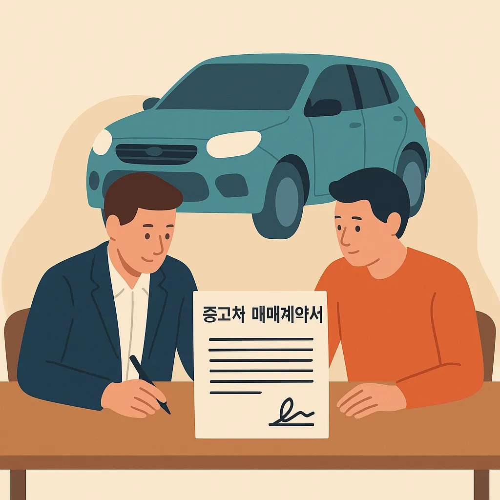 중고차 계약서를 작성 중인 판매자와 구매자 모습