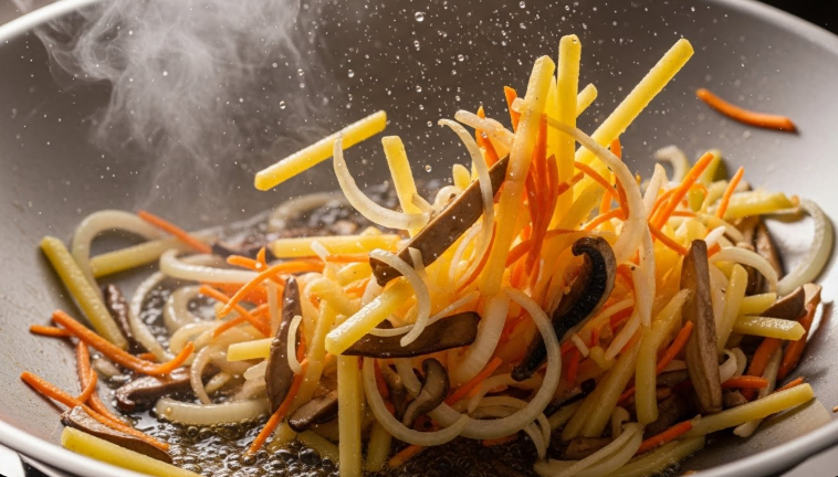 센 불에 감자채와 버섯, 채소를 넣고 기름에 빠르게 볶아 익히고 있는 모습