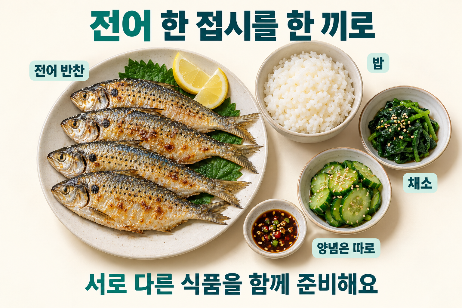 익힌 전어, 밥, 채소와 별도 양념 그릇으로 한 끼를 준비하는 예.