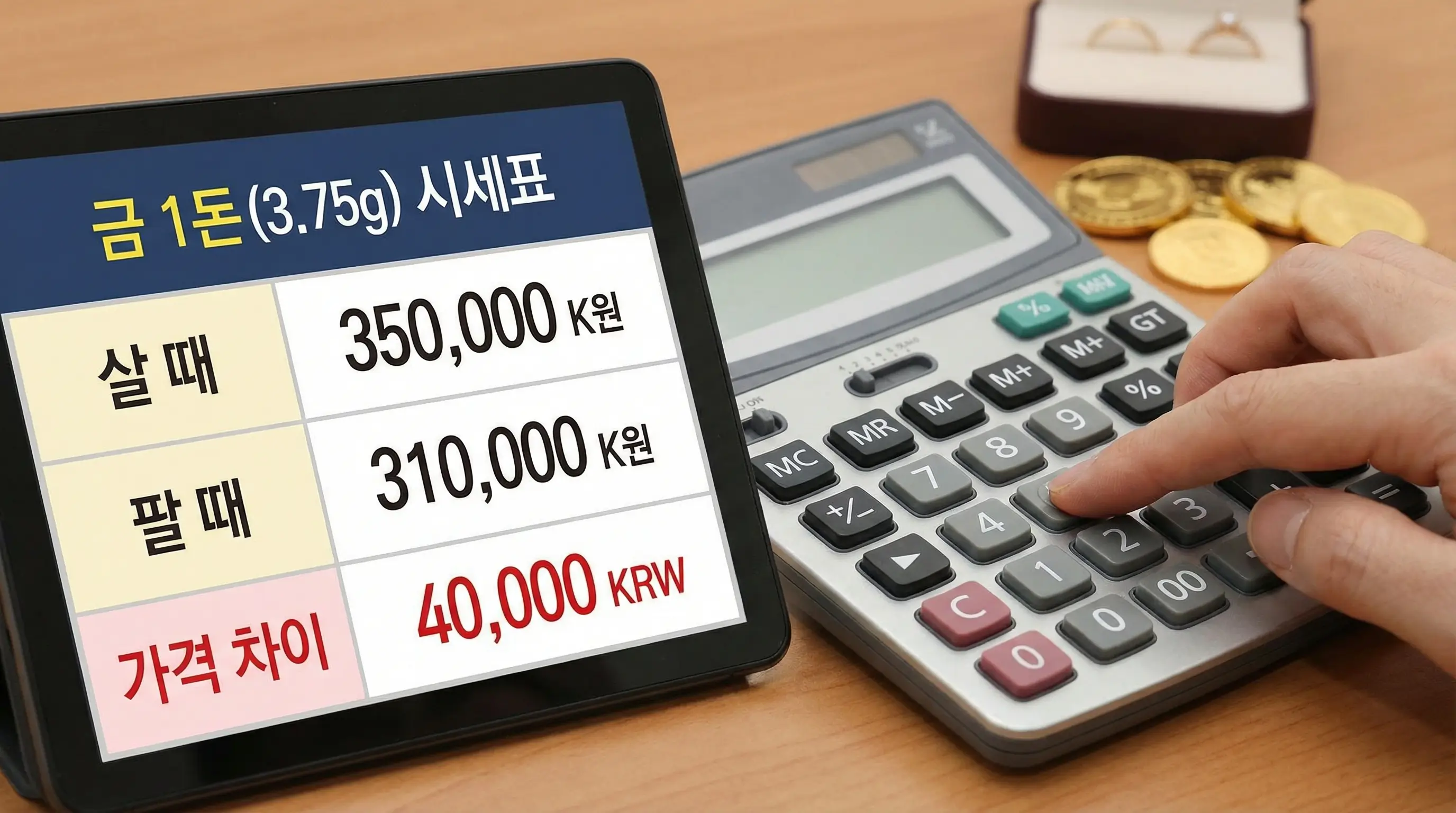 금 1돈(3.75g)의 살 때 가격과 팔 때 가격의 차이를 비교하는 시세표와 계산기를 두드리는 모습