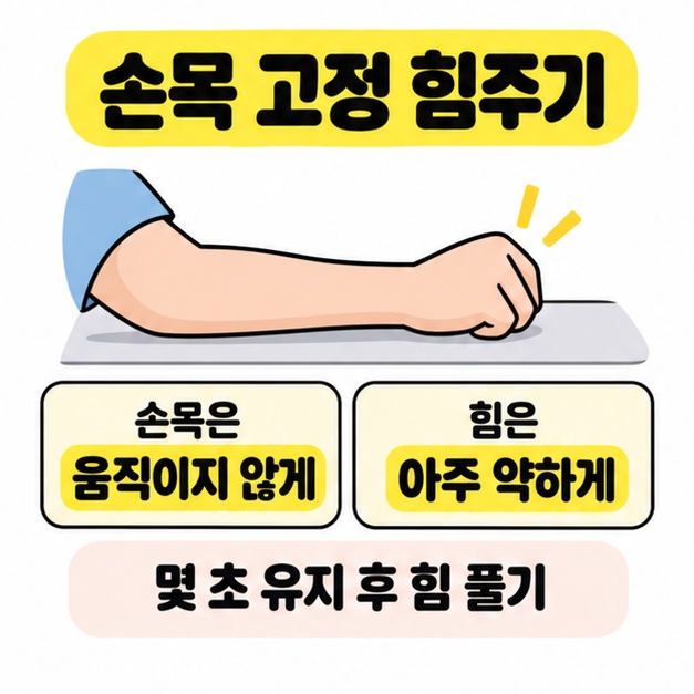 받침 위에 팔과 주먹을 둔 그림 아래 손목은 움직이지 않게 힘은 아주 약하게 주고 몇 초 유지 후 풀라는 안내