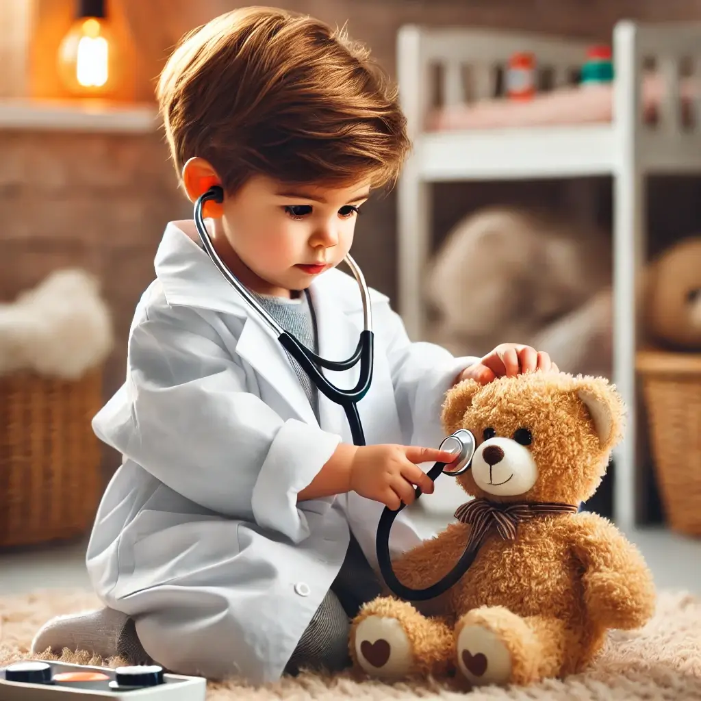 인형 장난감으로 역할 놀이를 하는 아기