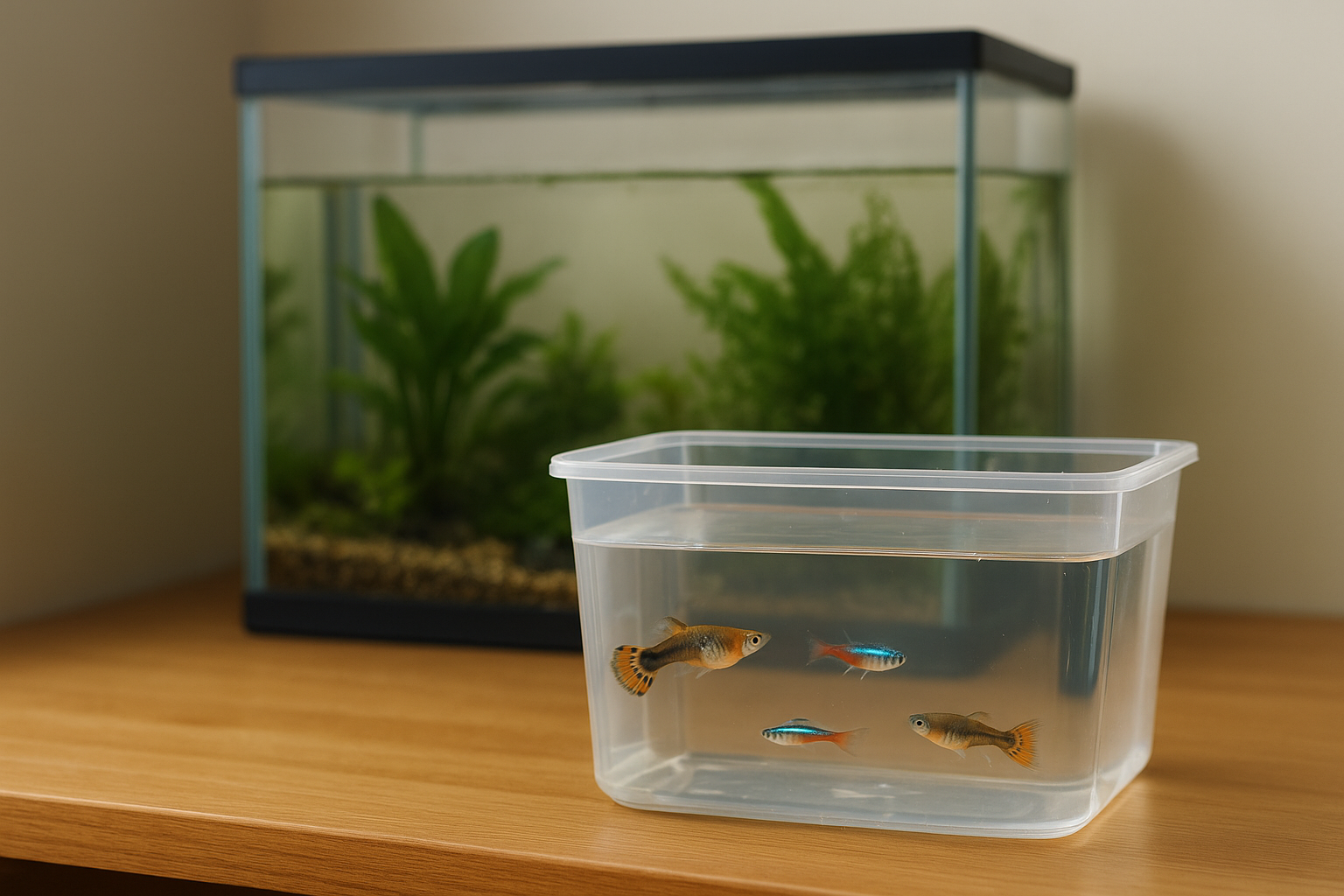 열대어 수조를 이사하기 위해 물고기를 임시 용기에 담고 수초와 장식을 정리하는 실제 어항 이전 준비 모습