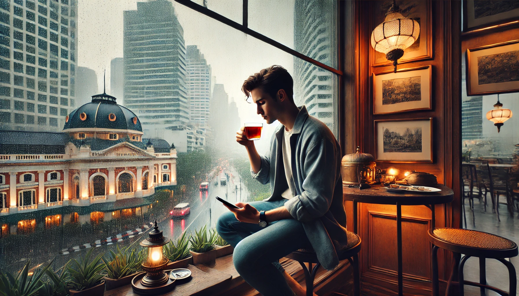 방콕의 실내 명소에서 비 오는 날을 즐기는 관광객의 모습