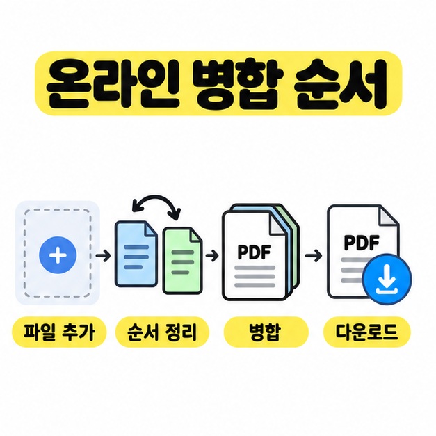 온라인 PDF 병합의 파일 추가, 순서 정리, 병합, 다운로드 단계를 문서 아이콘과 화살표로 연결한 그림