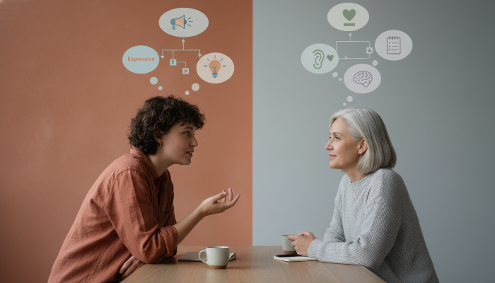 커플이 서로에게 집중하여 경청하며 대화하는 모습, MBTI별 효과적인 소통 전략을 시각적으로 나타냄