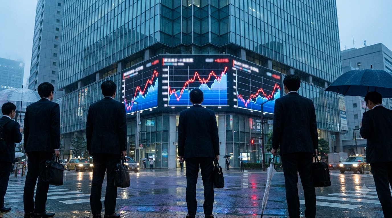 일본 도쿄 금융가 빌딩 전광판에 선명하게 찍힌 30년 만의 국채 금리 3% 돌파 수치와 곤두박질치는 엔화 환율 차트를 바라보는 투자자들의 뒷모습